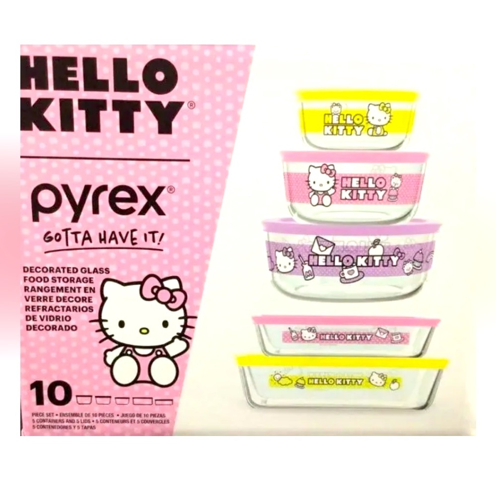 NIB Hello Kitty Pyrex Food Storage Containers. 5 containers with 5 lids.